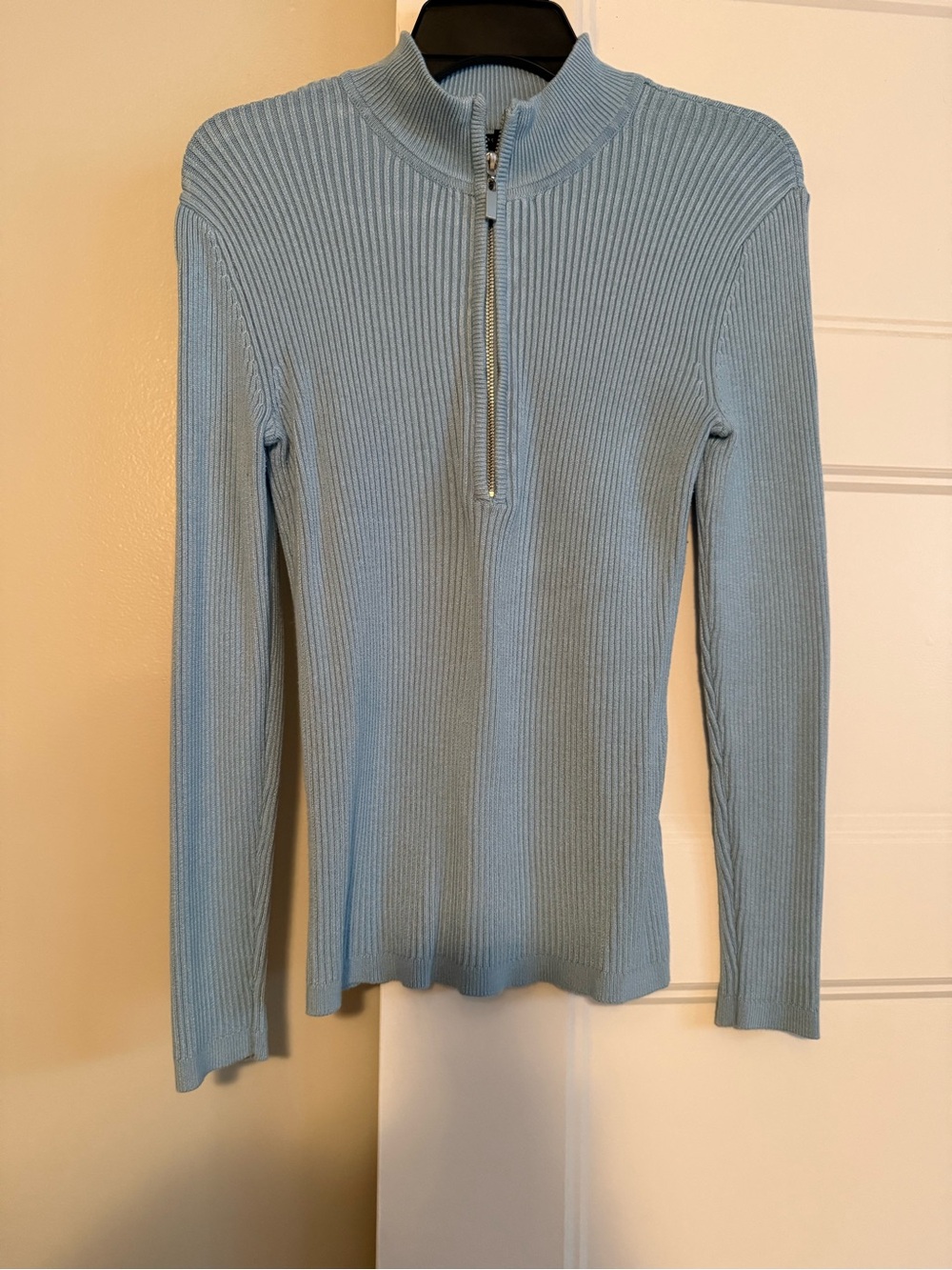 Boston Proper Pale Blue Ribbed Half-Zip Mock Neck Top